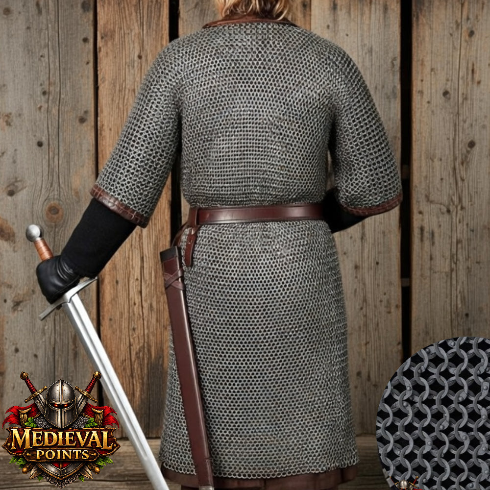 9MM Chainmail Hauberk Front Open Dark Gray Aluminum Riveted Chainmail Shirt | Medieval Armor Costume | LARP Reenactment Hauberk