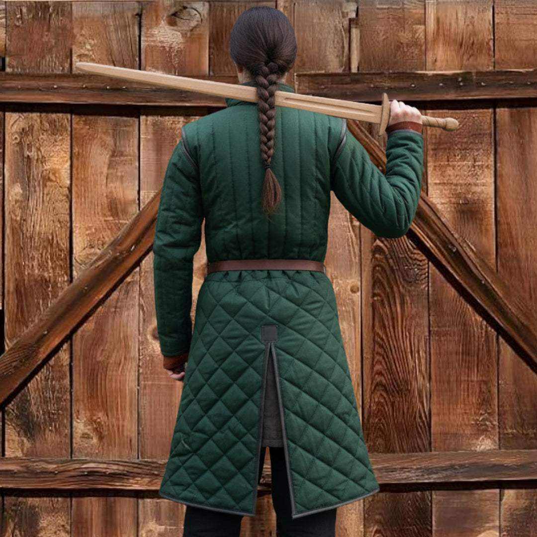 Front view medieval long gambeson armor with leather trim padded cotton LARP reenactment costume