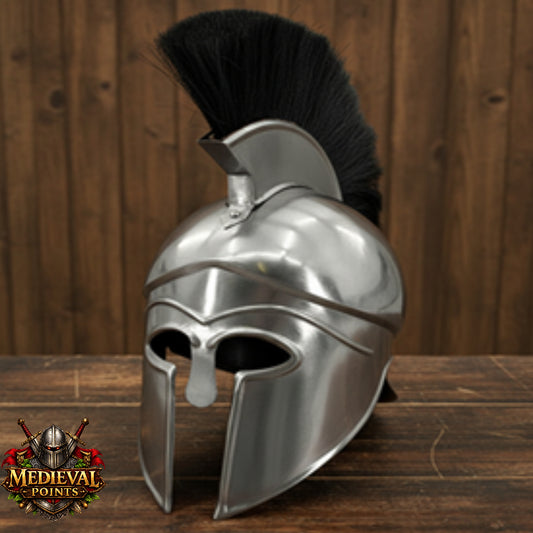 Silver Corinthian Helmet : Warrior Medieval Helmet with Wooden Stand