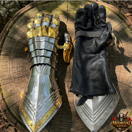 Medieval Gauntlets | 16-Gauge Steel Featuring Brass Accents & Built-In Leather Gloves