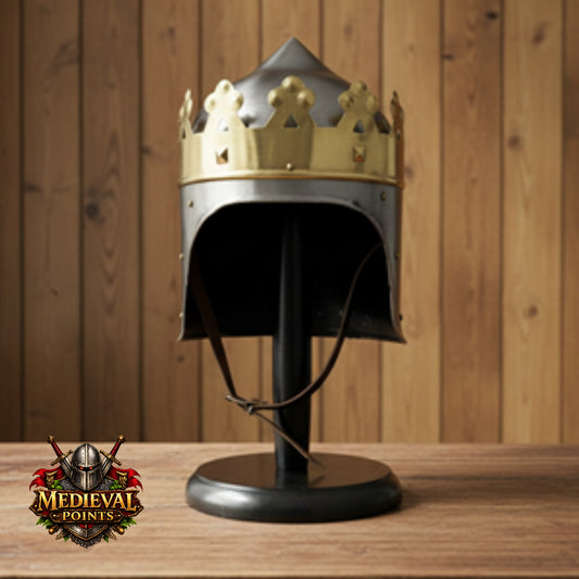 Medieval King Arthur Helmet : Richard Lion heart Crown Replica Helmet  Wooden Stand