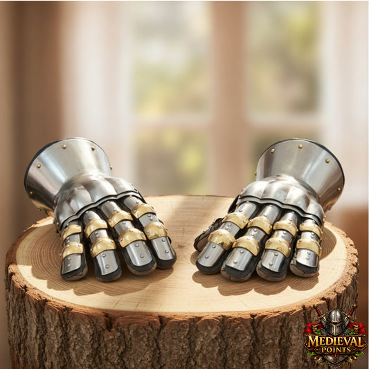 Churburg Gauntlets – Medieval 16G Steel Knight Armor Gloves with Brass Accents