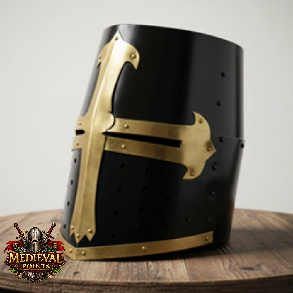 Black Crusader Helmet Brass Trim – Knights Templar Helmet Practice Armor for Reenactment & Cosplay