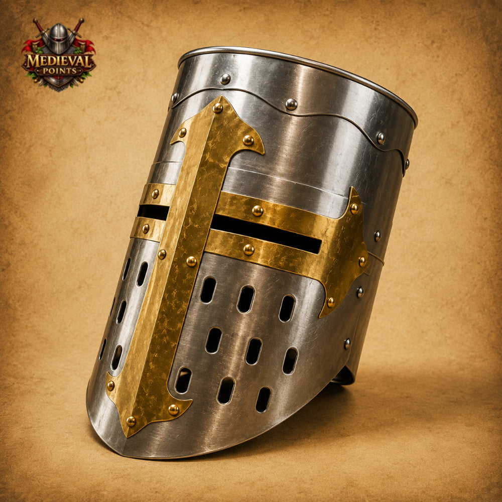 Templar Knight Helmet with Wooden Display Stand – Medieval Crusader Great Helm