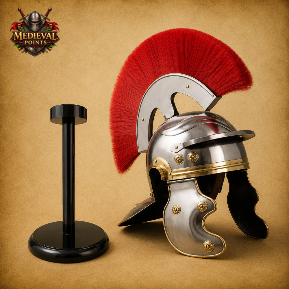 Roman Centurion Helmet with Red Plume & Wooden Display Stand