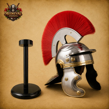 Roman Centurion Helmet with Red Plume & Wooden Display Stand