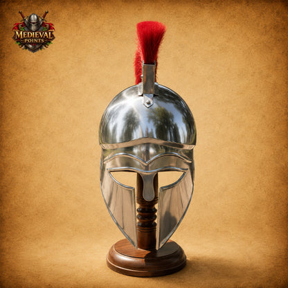 Greek Corinthian Helmet Silver Finish with Red Plume | Medieval Warrior Display Armor
