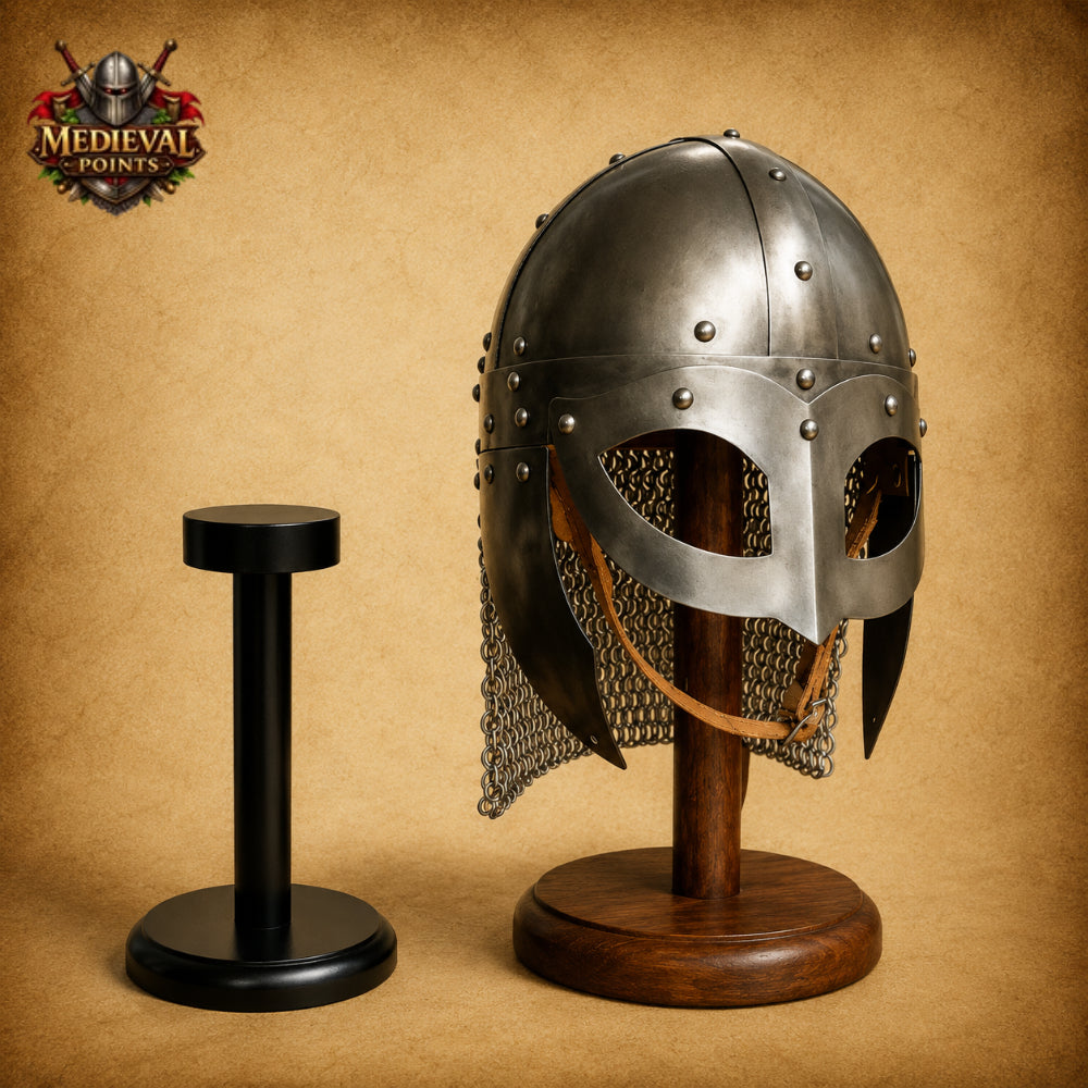 Viking Vendel Spectacle Helmet with Chainmail & Wooden Display Stand