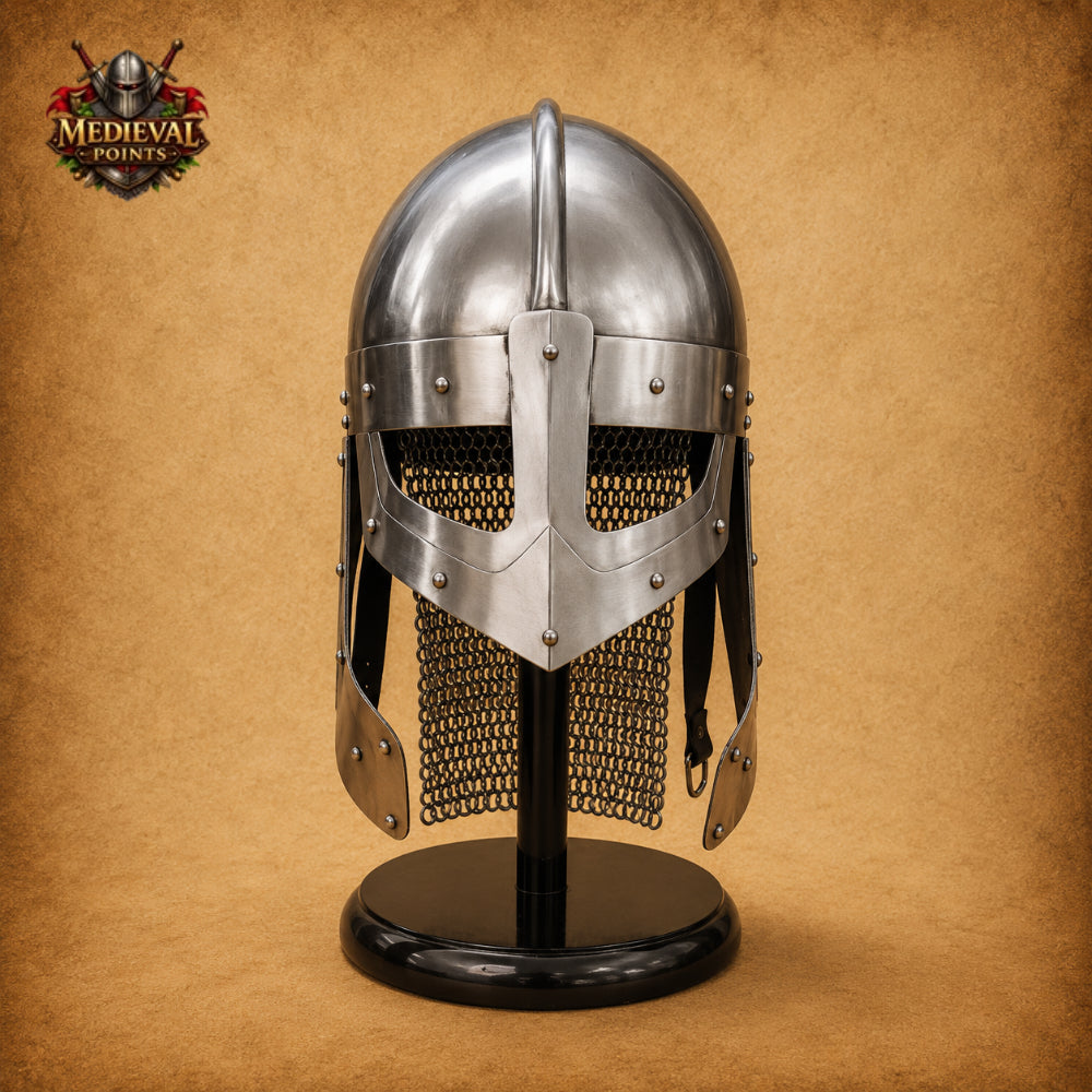 Medieval Raven Viking Helmet with Chainmail & Wooden Display Stand