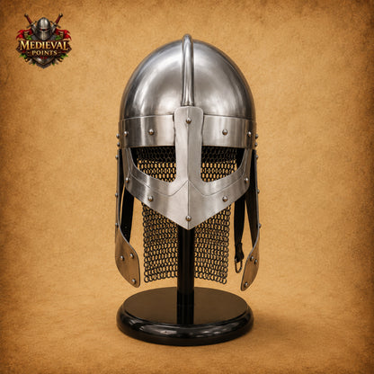 Medieval Raven Viking Helmet with Chainmail & Wooden Display Stand
