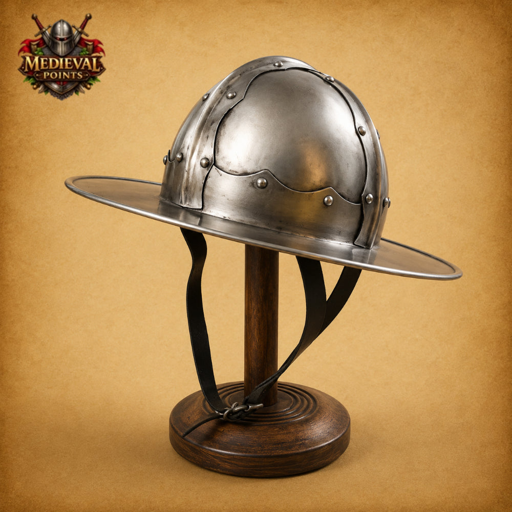 Medieval Kettle Hat Helmet with Wooden Display Stand – 18 Gauge Steel