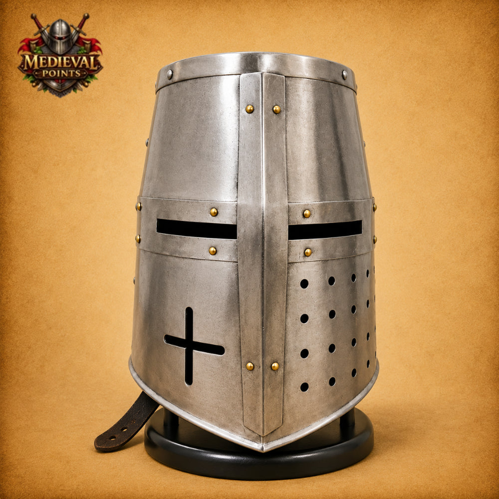 Medieval Knight Helmet with Wooden Display Stand – Silver Steel Armor