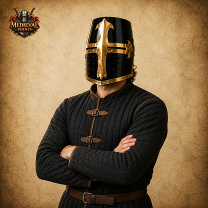 Black & Brass Templar Crusader Helmet with Wooden Display Stand | Medieval Knight Armor