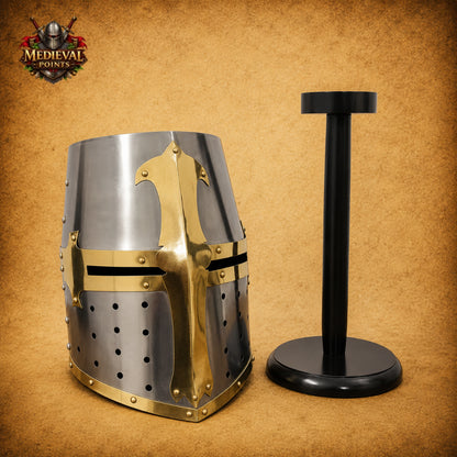 Brass Crusader Templar Helmet | Medieval Knight Helmet with Wooden Display Stand