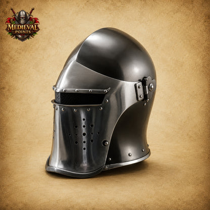 Medieval Barbuta Helmet Armor with Leather Liner & Wooden Display Stand | Wearable Knight Helmet