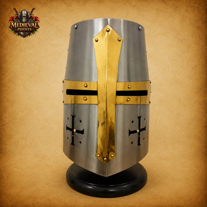 Silver Templar Crusader Helmet | Medieval Knight Helmet with Wooden Display Stand