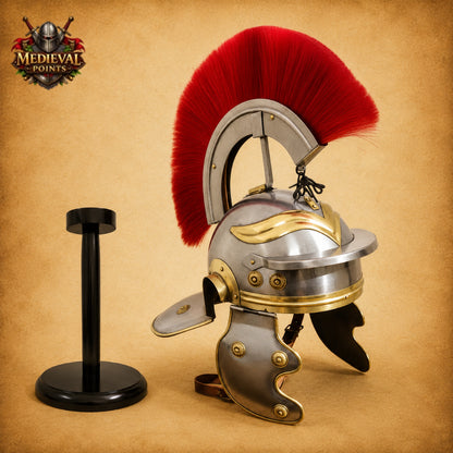 Roman Centurion Helmet with Red Plume & Wooden Display Stand | New Year Gift
