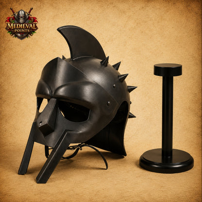 Black Spartan Gladiator Helmet with Wooden Display Stand