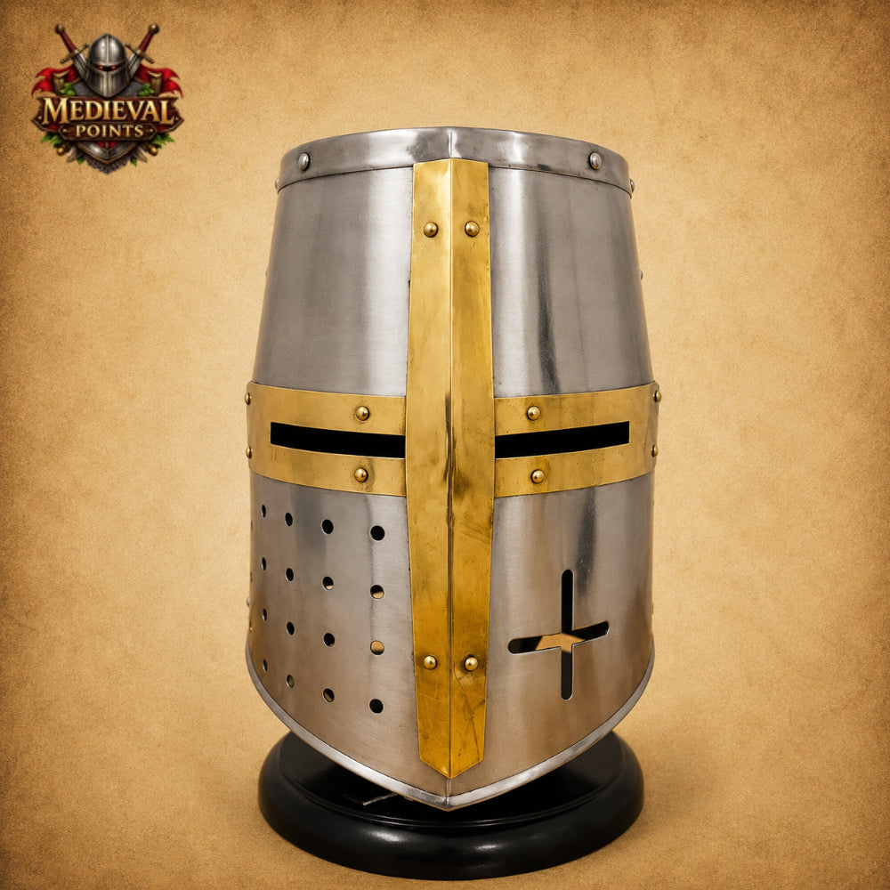 Medieval Templar Helmet with Wooden Display Stand