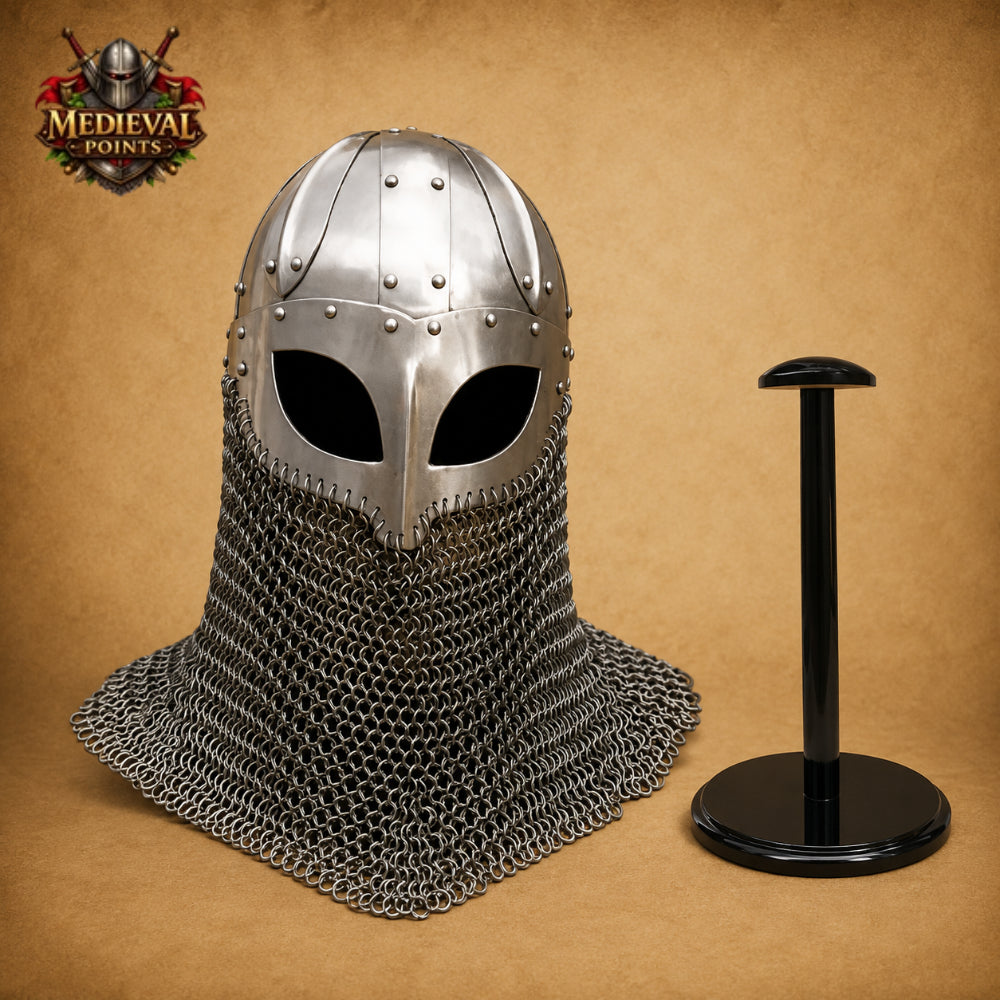 18 Gauge Medieval Viking Chainmail Helmet with  Wooden Stand