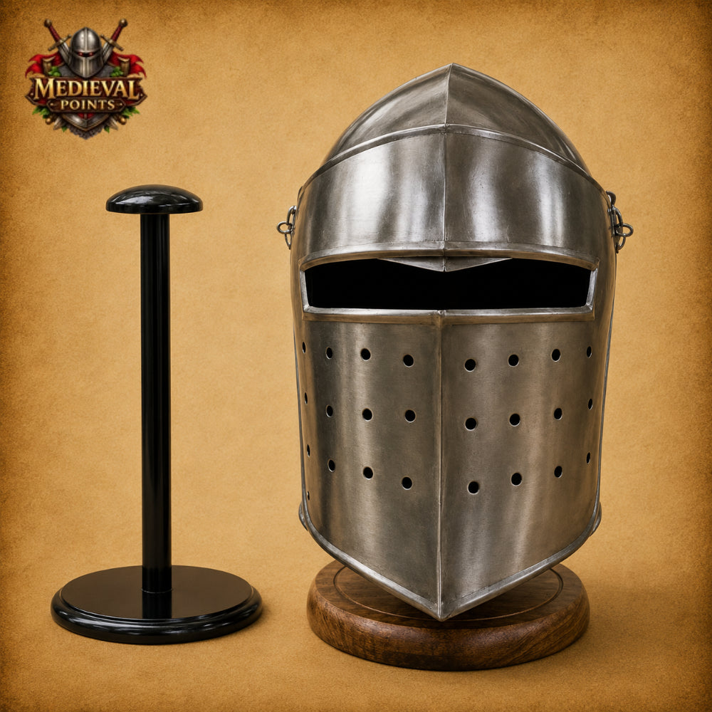 Medieval Knight Barbute Helmet Armor with Wooden Display Stand