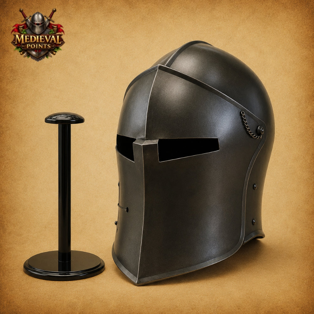 Medieval Black Barbute Steel Helmet | Wearable Knight Armor with Display Stand