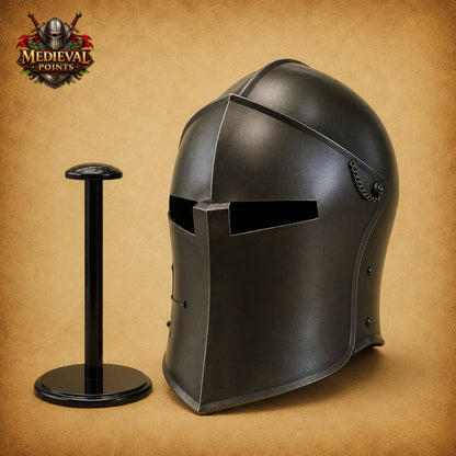 Medieval Black Barbute Steel Helmet | Wearable Knight Armor with Display Stand
