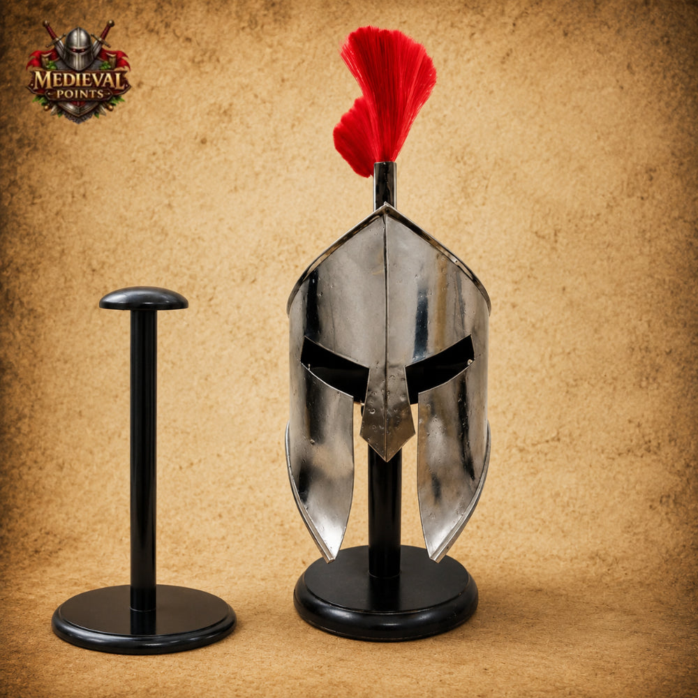 King Leonidas 300 Spartan Helmet with Red Plume & Wooden Display Stand | Greek Warrior Helmet Replica
