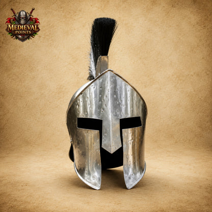 King Leonidas Greek Spartan Helmet with Black Plume & Wooden Display Stand