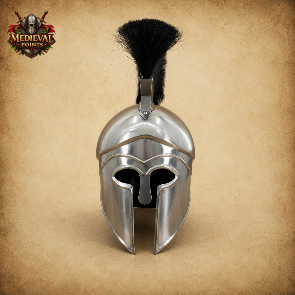 Greek Silver Warrior Helmet with Black Plume & Wooden Display Stand