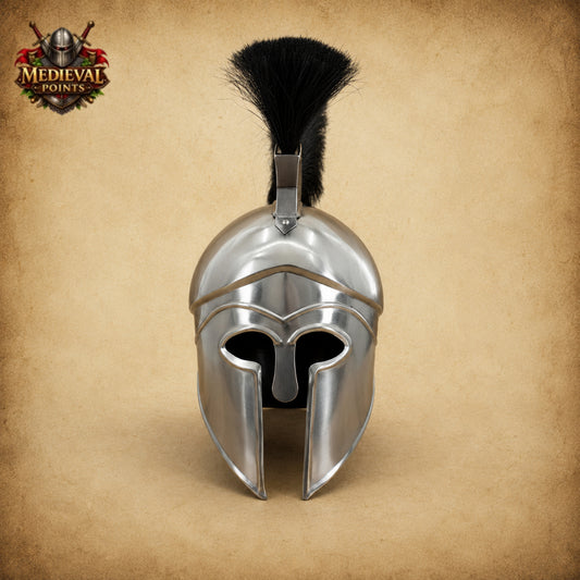 Greek Silver Warrior Helmet with Black Plume & Wooden Display Stand