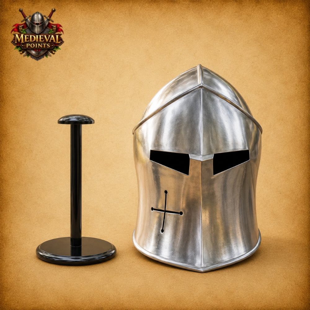 Medieval Barbuta Helmet with Wooden Display Stand – Silver Steel Armor