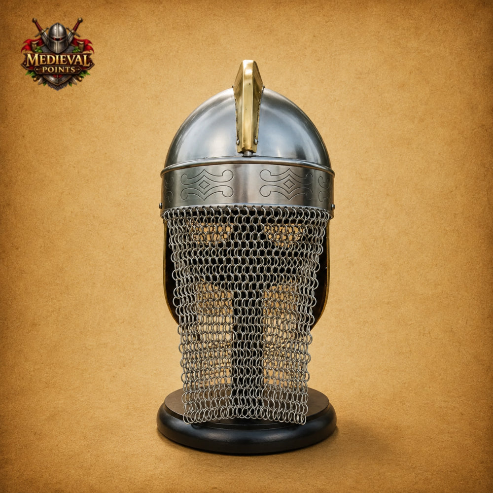 Medieval Viking Chainmail Helmet with Wooden Display Stand – Norse Warrior Armor