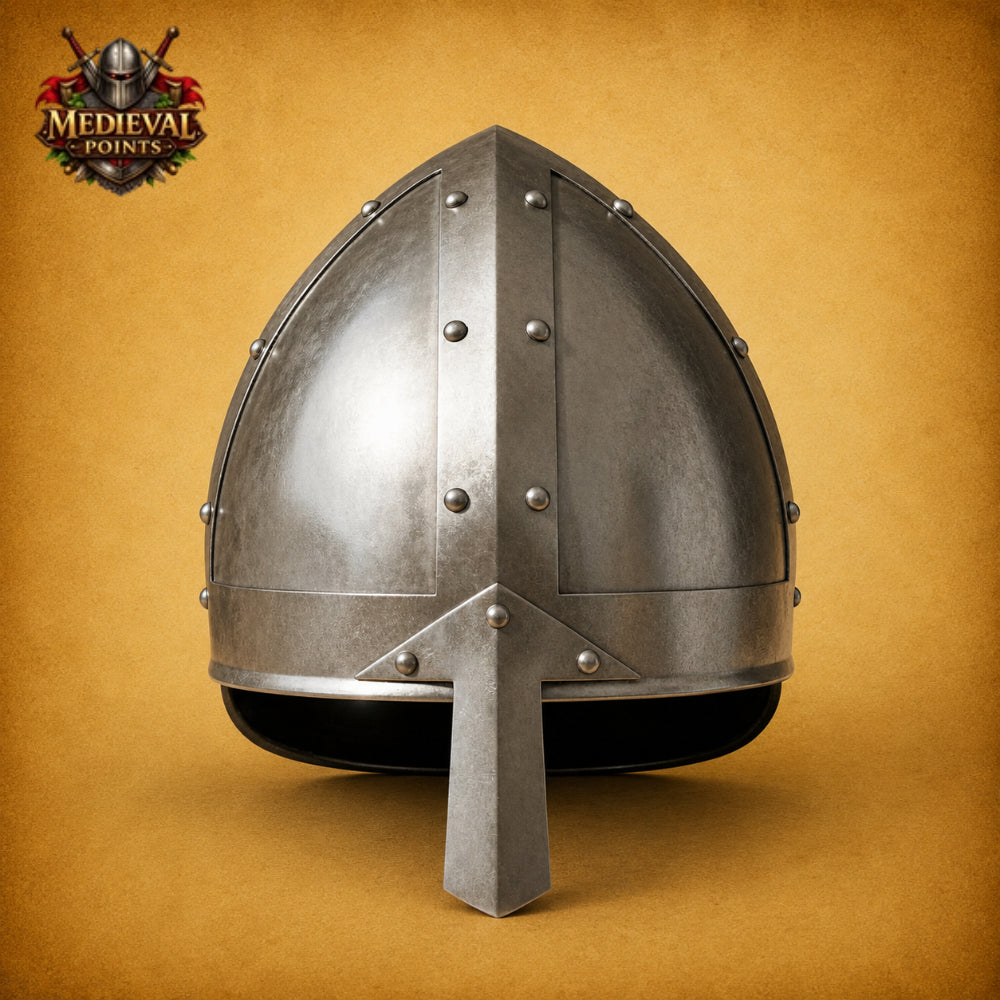 Medieval Norman Warrior Helmet with Nasal Guard & Wooden Display Stand
