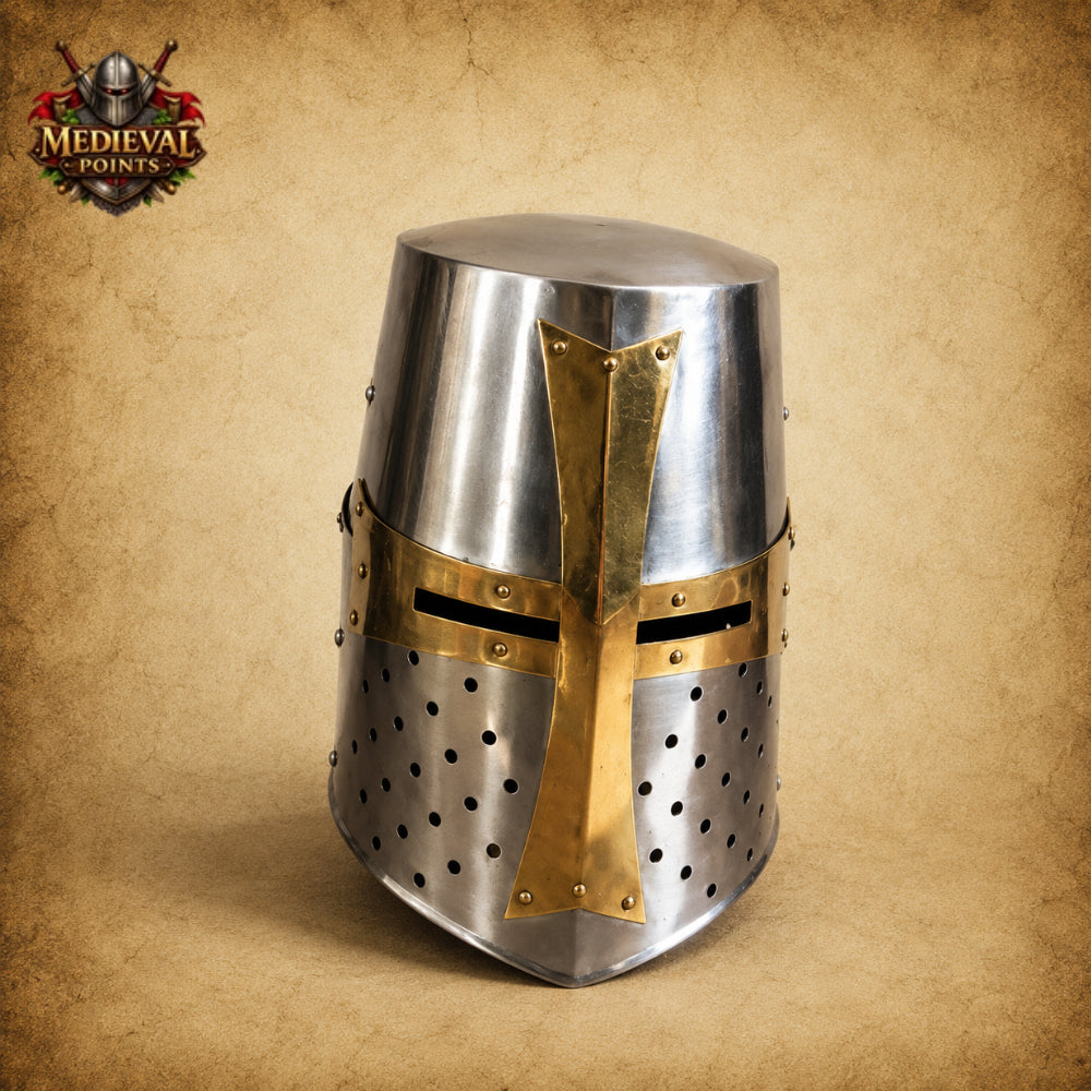 Crusader Knight Helmet Replica with Wooden Display Stand | Medieval Steel Armor
