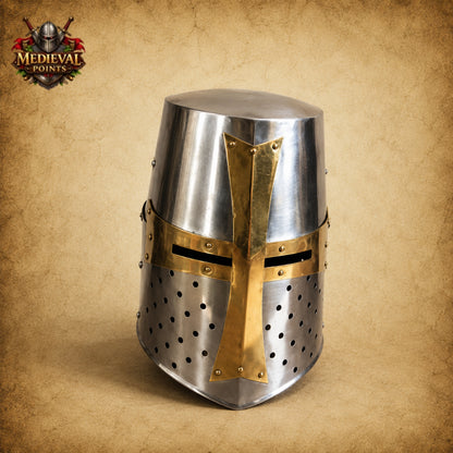 Crusader Knight Helmet Replica with Wooden Display Stand | Medieval Steel Armor