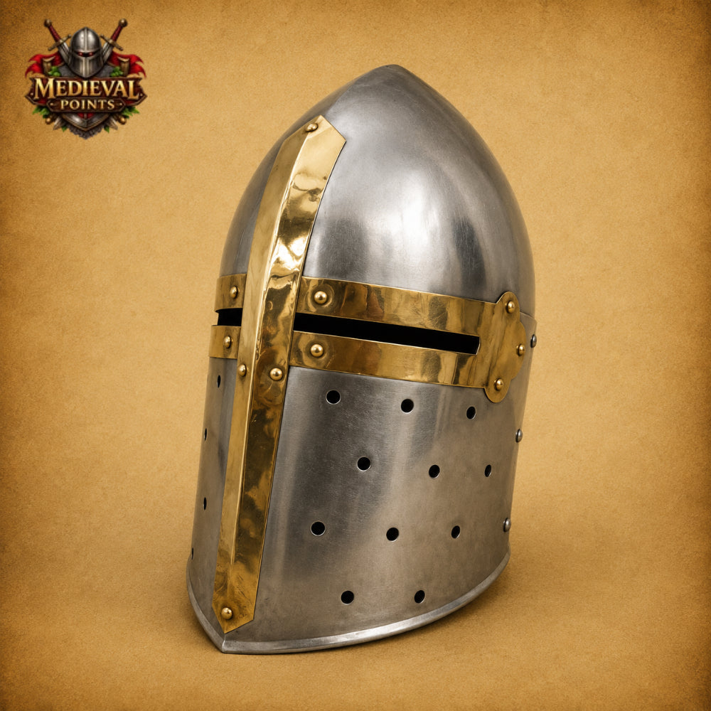 Handcrafted Medieval Sugarloaf Steel & Brass Knight Helmet with Wooden Stand
