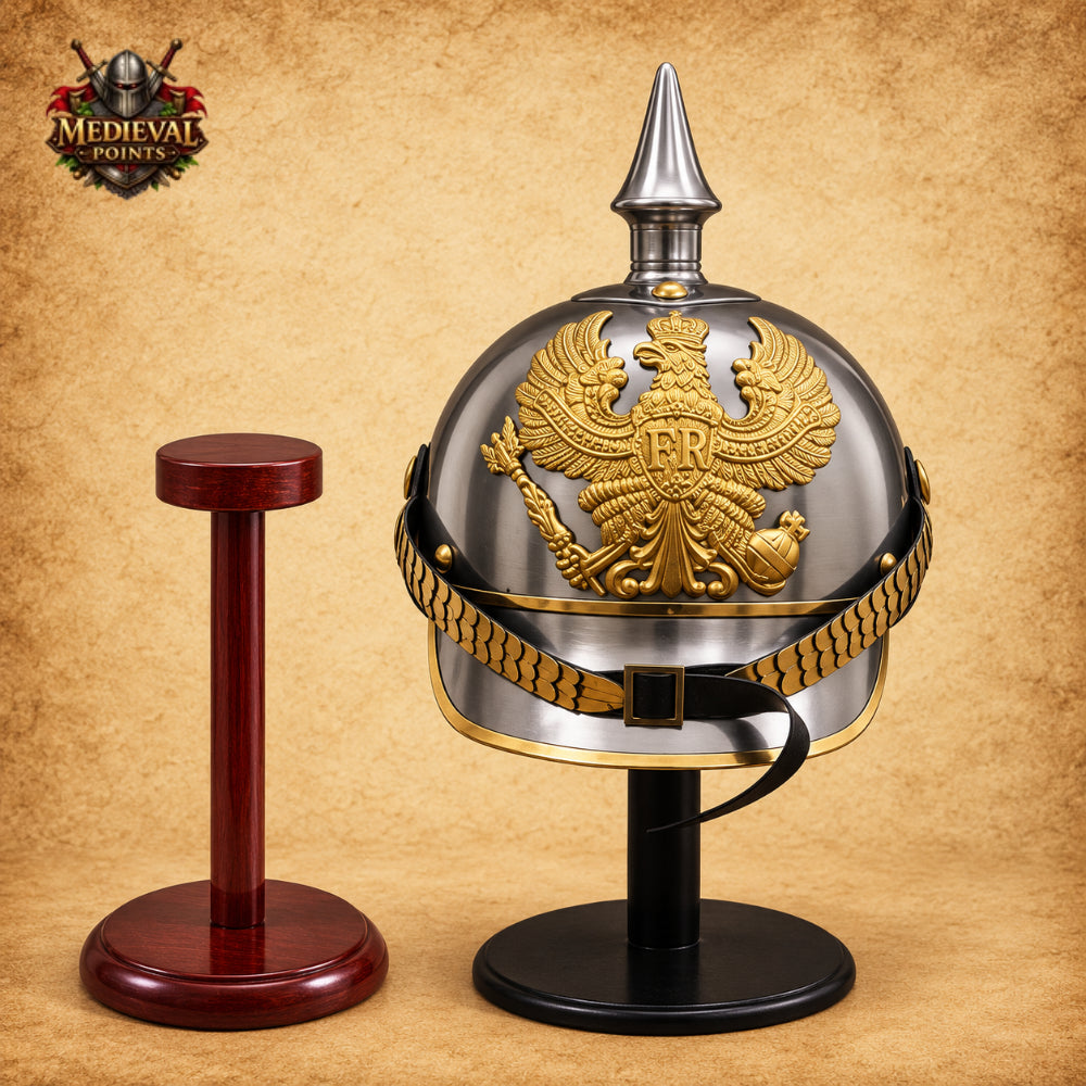 German Pickelhaube Spike Helmet | Military Replica with Wooden Display Stand