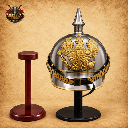 German Pickelhaube Spike Helmet | Military Replica with Wooden Display Stand
