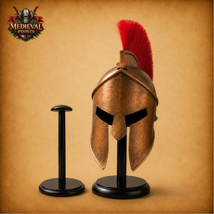 Leonidas Spartan Helmet with Red Plume & Wooden Display Stand | Greek Warrior Replica