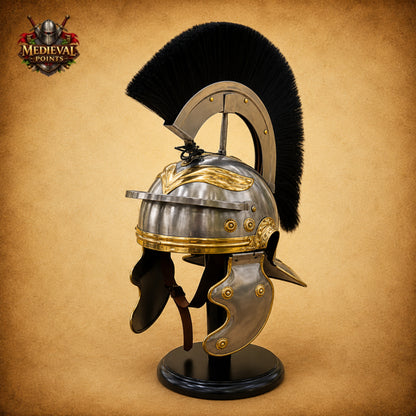 Roman Helmet with Black Plume & Wooden Display Stand
