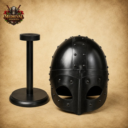 Handmade Viking Mask Helmet in Black 18 Gauge Steel with Wooden Display Stand