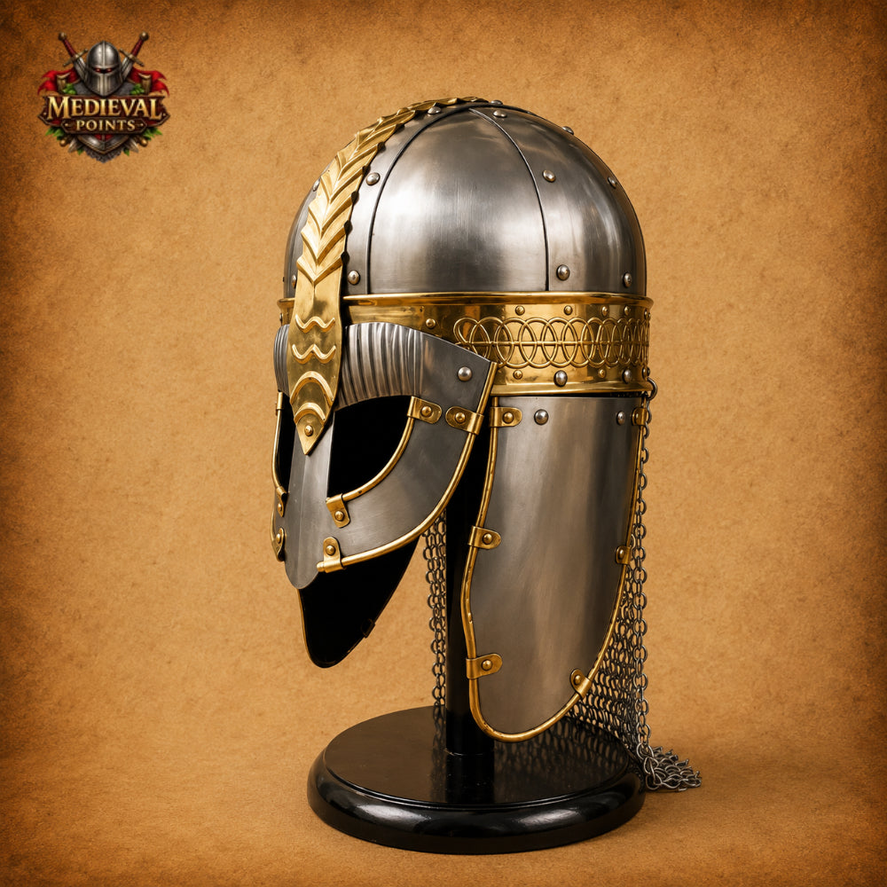 Viking Gjermundbu Helmet with Wooden Display Stand – Medieval Norse Warrior Armor