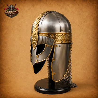 Viking Gjermundbu Helmet with Wooden Display Stand – Medieval Norse Warrior Armor