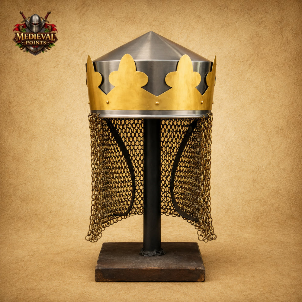 Medieval King Arthur Helmet with Brass Butted Chainmail | Monty Python Style Helmet with Display Stand