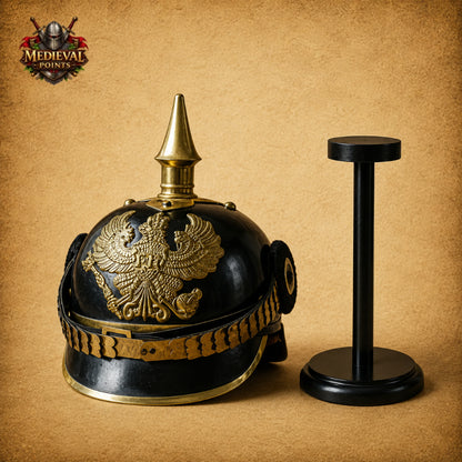 German Pickelhaube Black Steel Helmet | Imperial Officer Replica with Wooden Display Stand