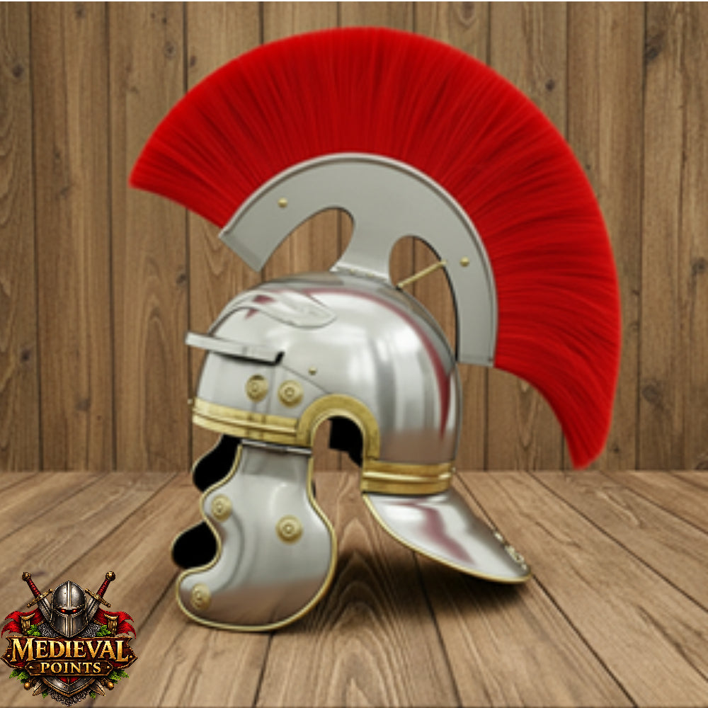 Roman Centurion Helmet : Roman Helmet with Red Plume-  Display Wooden Stand