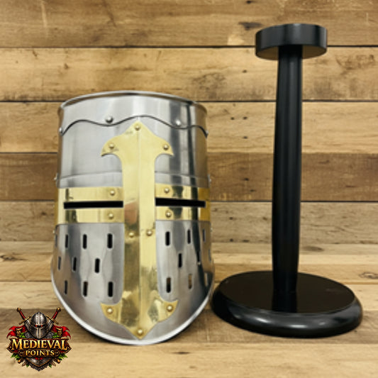 Medieval Knight Helmet with Wooden Stand – Collectible Armor, Museum Display,
