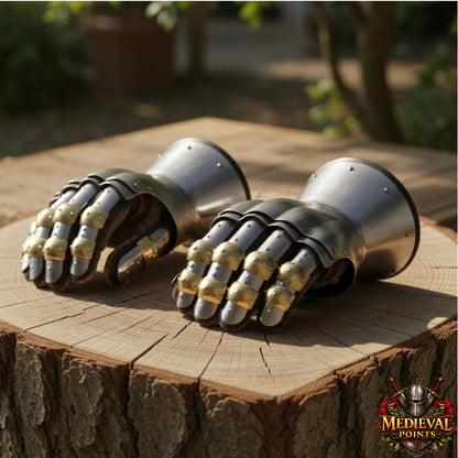 Churburg Gauntlets – Medieval 16G Steel Knight Armor Gloves with Brass Accents