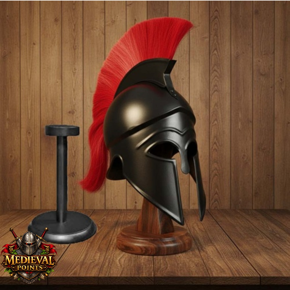 Black Corinthian Helmet : Corinthian Helmet Red Hair  With Wooden Stand